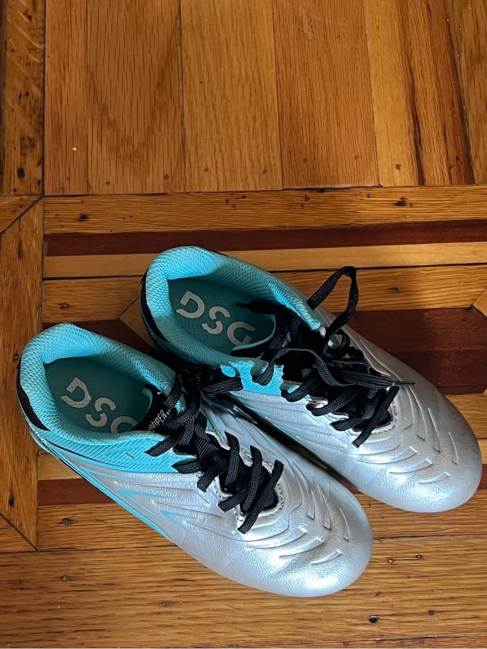 DSG Silver and Teal Kids Soccer Shoes